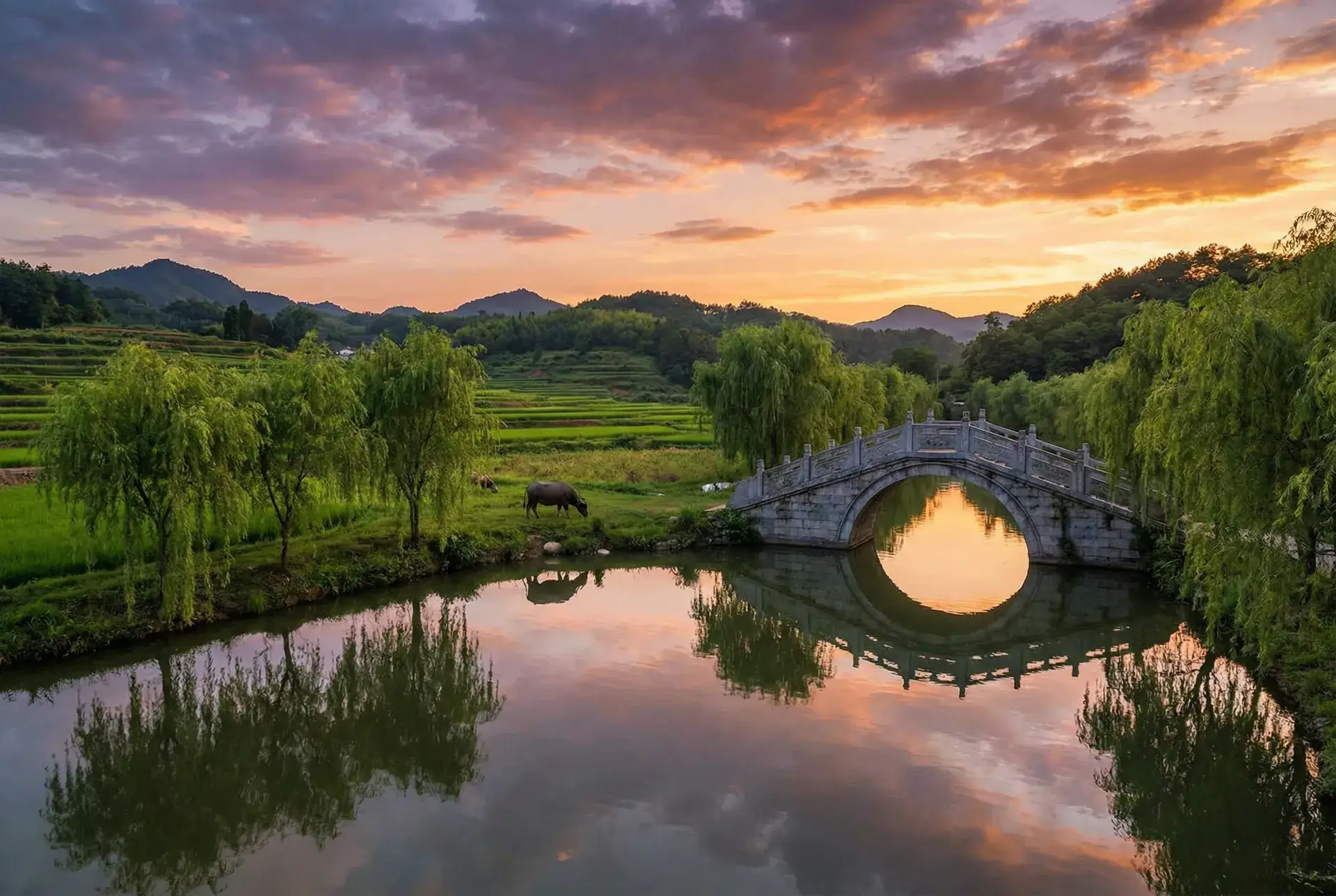 夕阳下的石拱桥与垂柳，水牛在河边吃草 - 芭乐视视频下载iOS页面免费 乡村美景